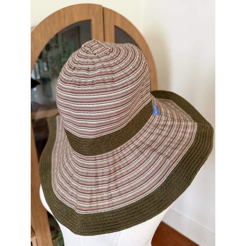 Wallaroo Hat Company Ginger Sun Hat Brown Olive Green Striped Wide Brim Packable